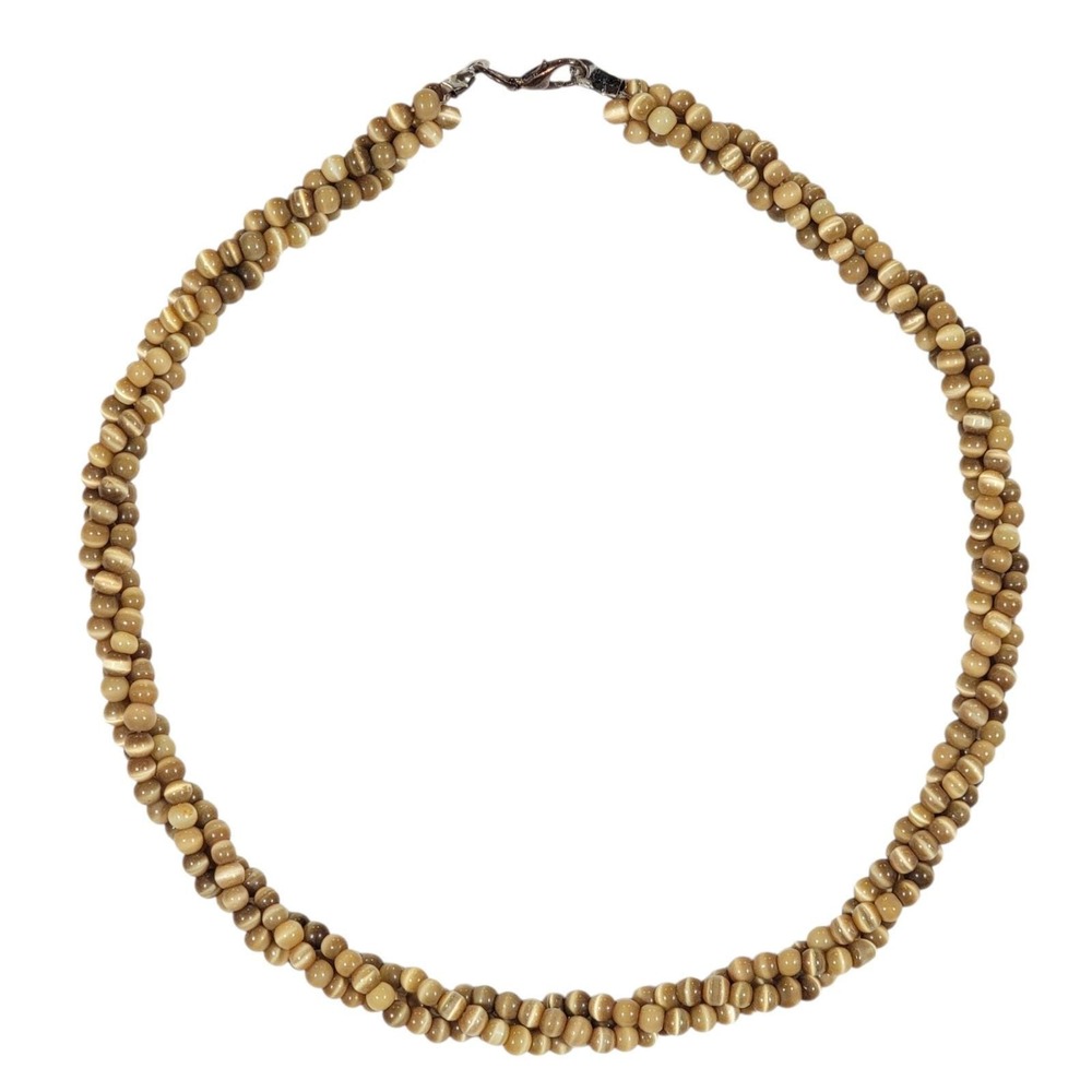 VTG 80s Golden Cats Eye Choker Necklace 15" Beaded Multi Strand‎ Boho Retro Glam